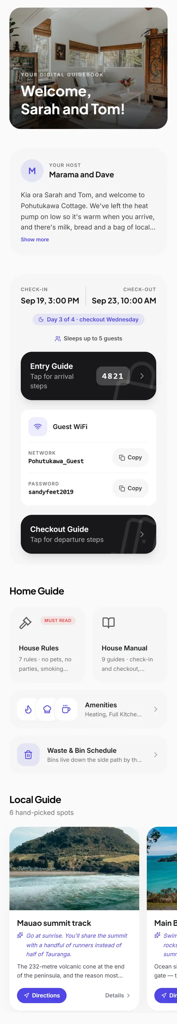 A guest's view of the Pohutukawa Cottage guidebook: a personal welcome from the hosts, check-in and check-out times, the door code, WiFi details, house rules and manual, and local tips.